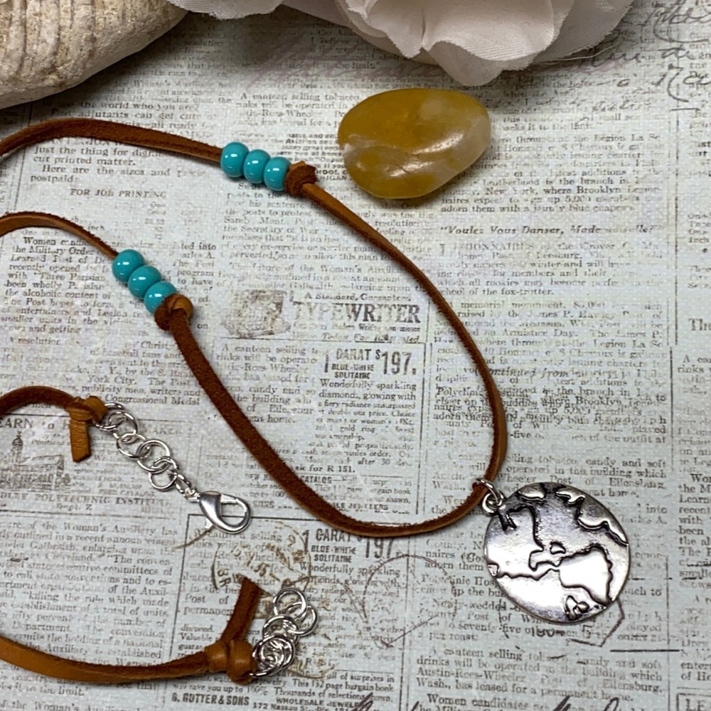 NEW Leather necklace world map medallion silver tone brown turquoise lobster